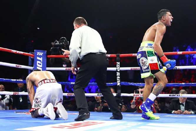 Miguel Berchelt derriba a "Mickey" Román (Foto: Mikey Williams/Top Rank)