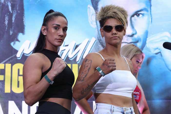 January 29, 2020; Miami, FL, USA; Amanda Serrano and Simone Da Silva pose after weighing in for the January 30th Matchroom Boxing USA card at The Meridian. Mandatory Credit: Ed Mulholland/Matchroom Boxing USA