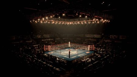 Boxing ring lit by overhead lights in a dark arena filled with spectators