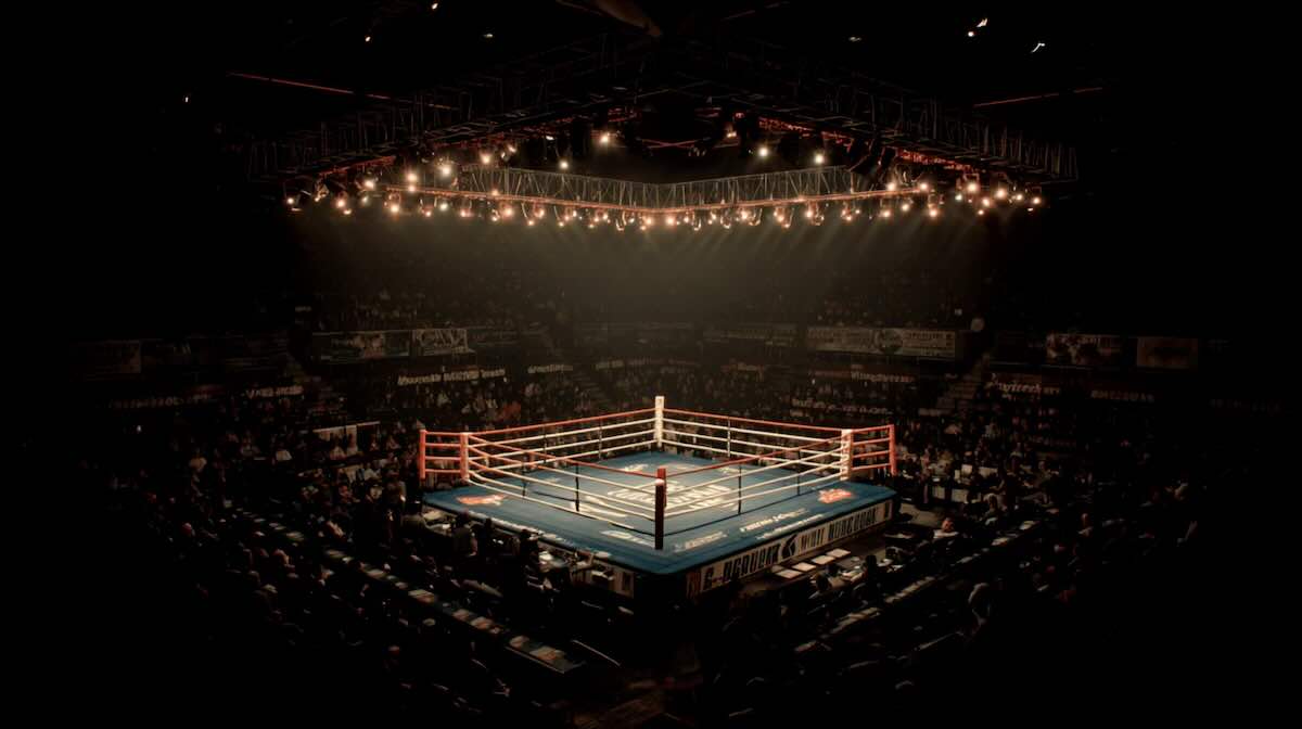Boxing ring lit by overhead lights in a dark arena filled with spectators
