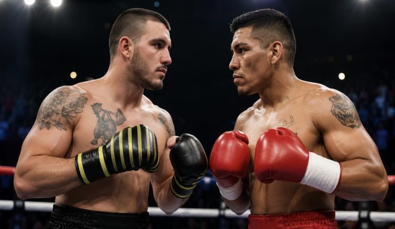 Dos boxeadores se enfrentan sobre el ring antes del combate